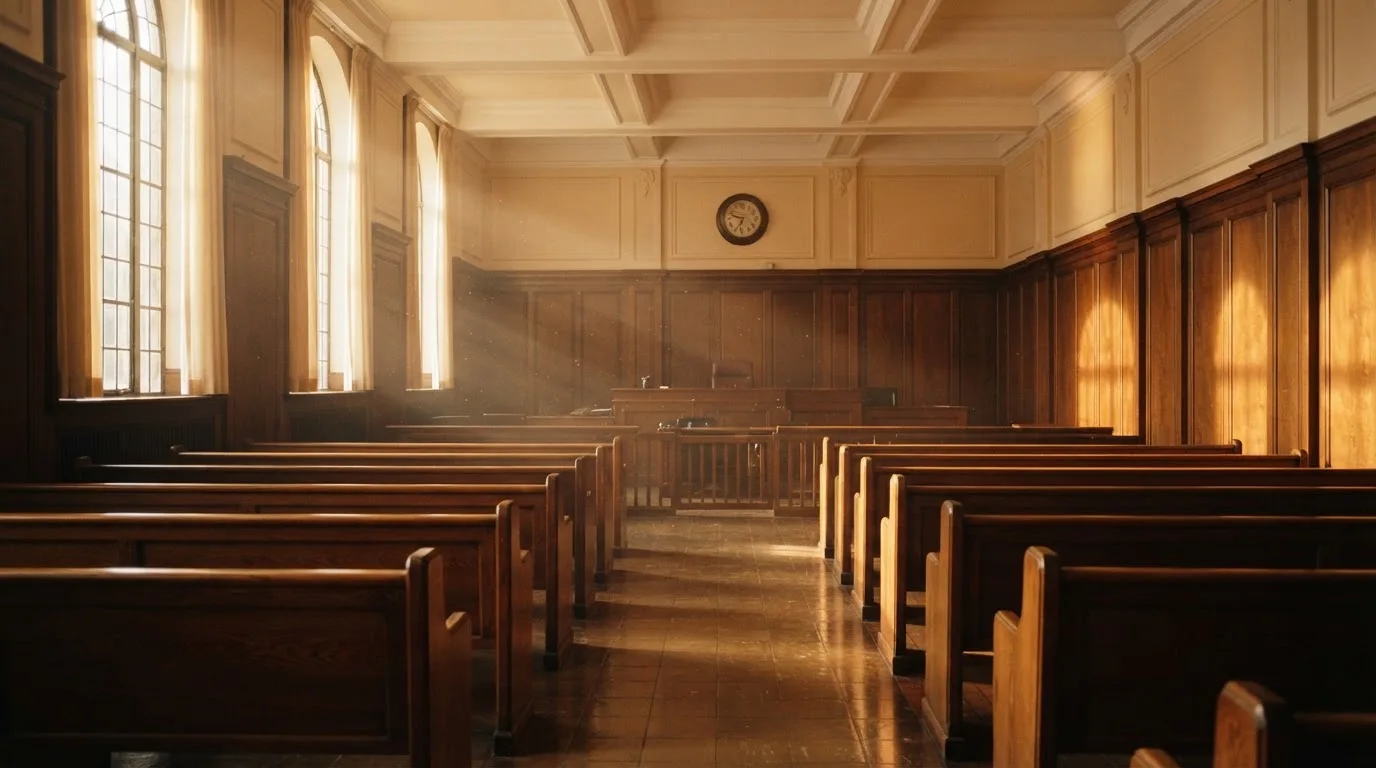 Een lege rechtszaal met houten banken in het ochtendlicht