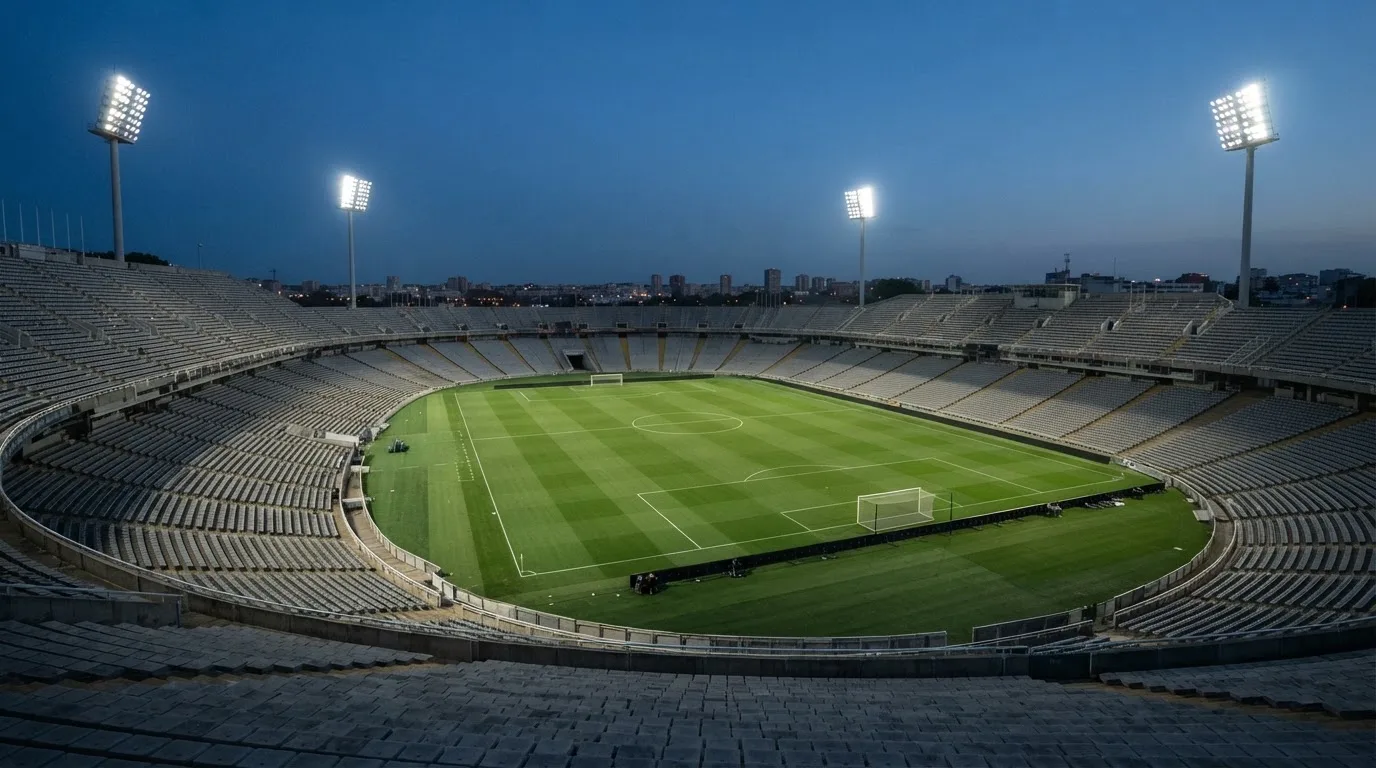 Een leeg voetbalstadion met lichtmasten bij schemering