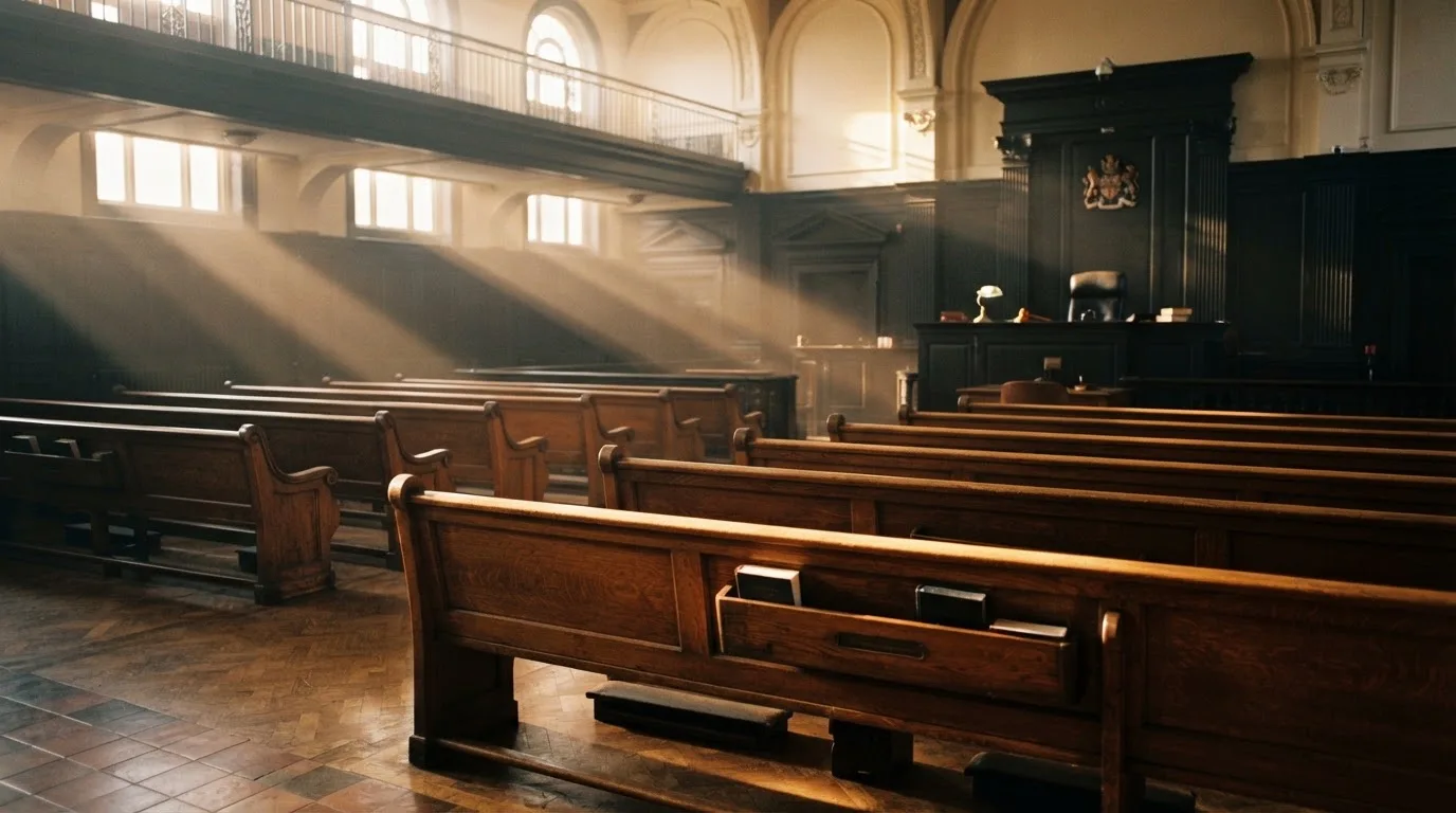 Een lege rechtszaal met houten banken in het ochtendlicht