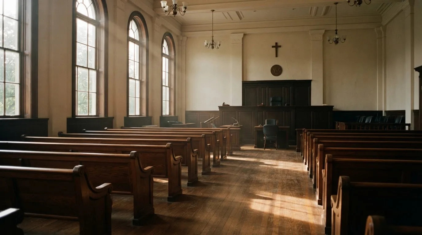 Een lege rechtszaal met houten banken in het ochtendlicht