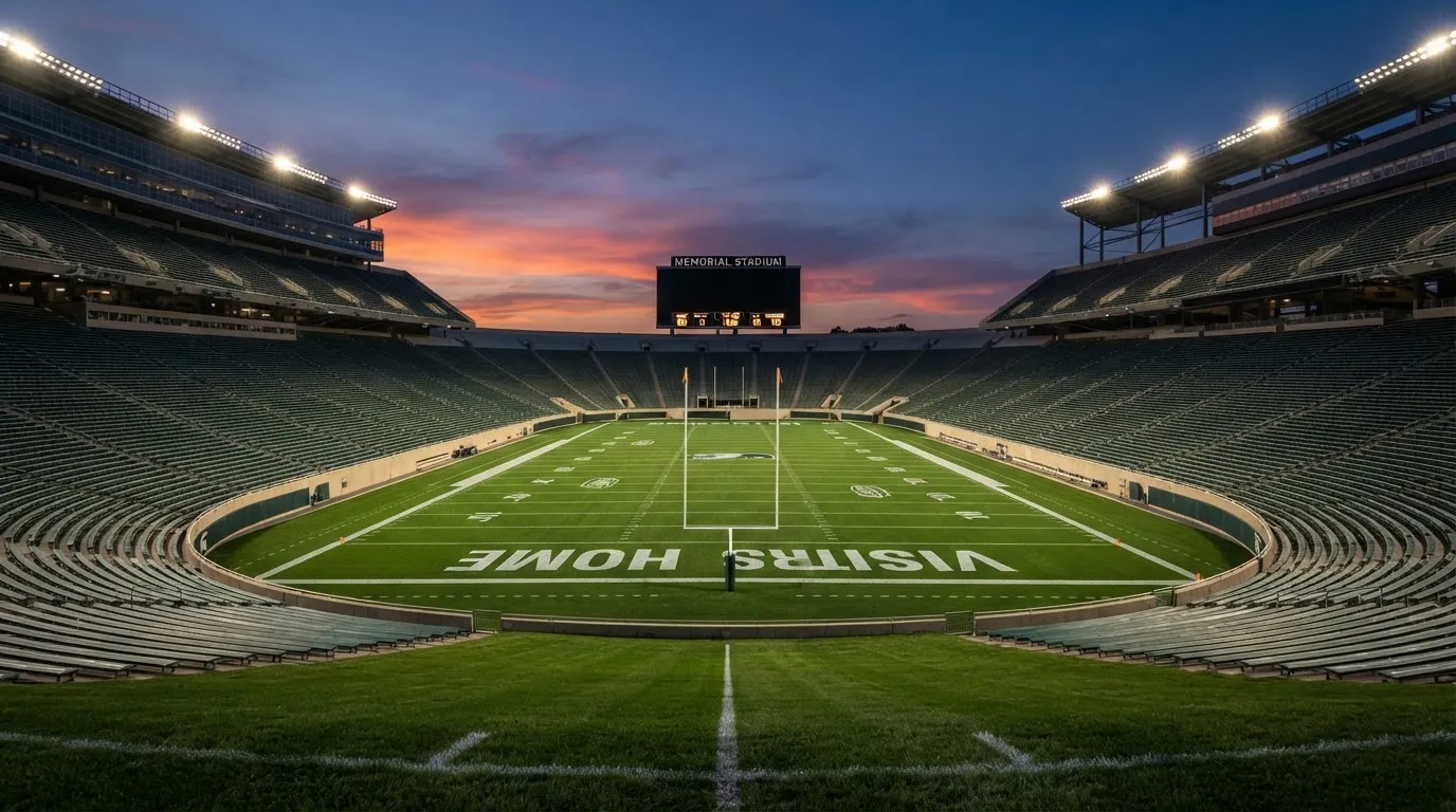 Een leeg voetbalstadion met lichtmasten bij schemering