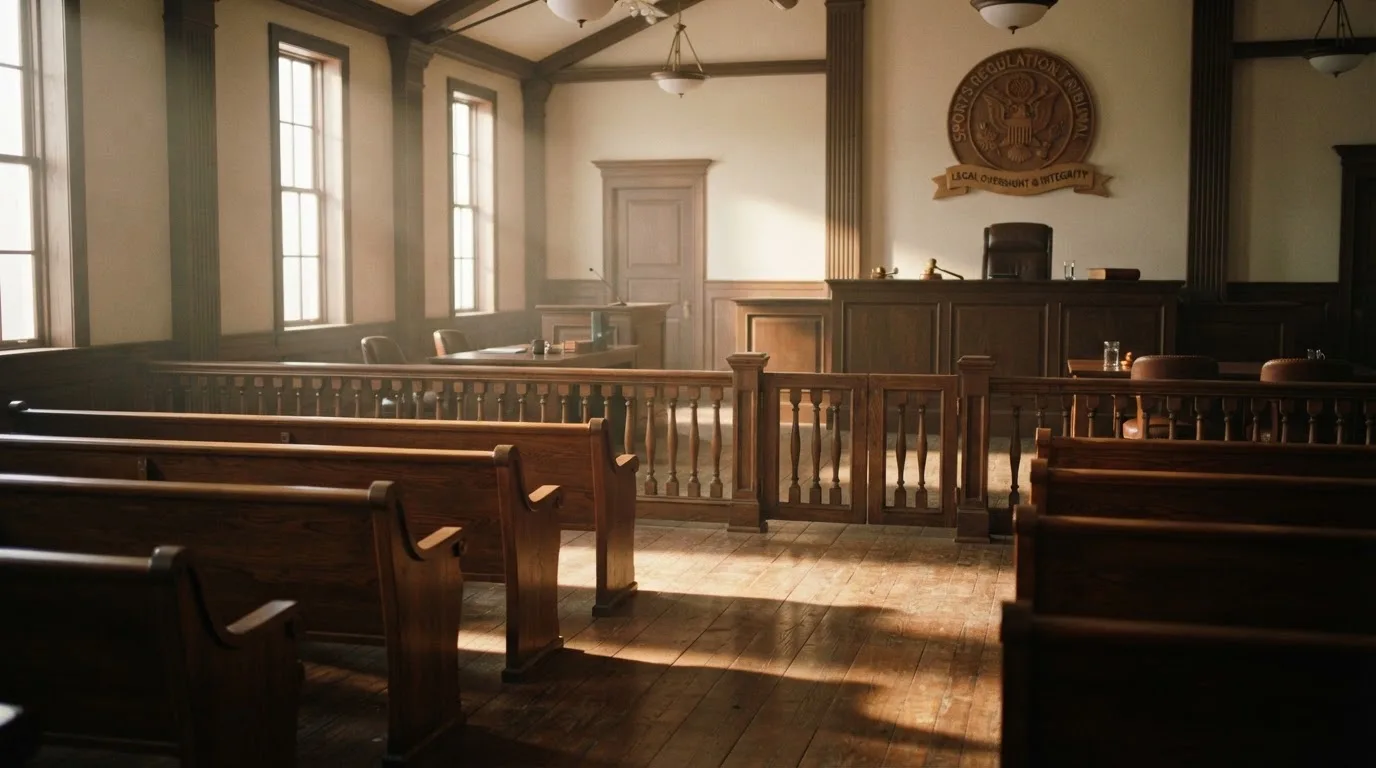 Een lege rechtszaal met houten banken in het ochtendlicht