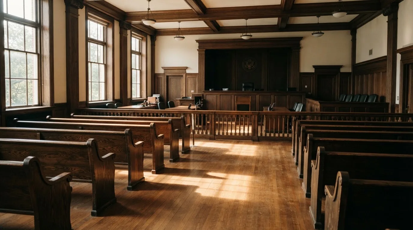 Een lege rechtszaal met houten banken in het ochtendlicht