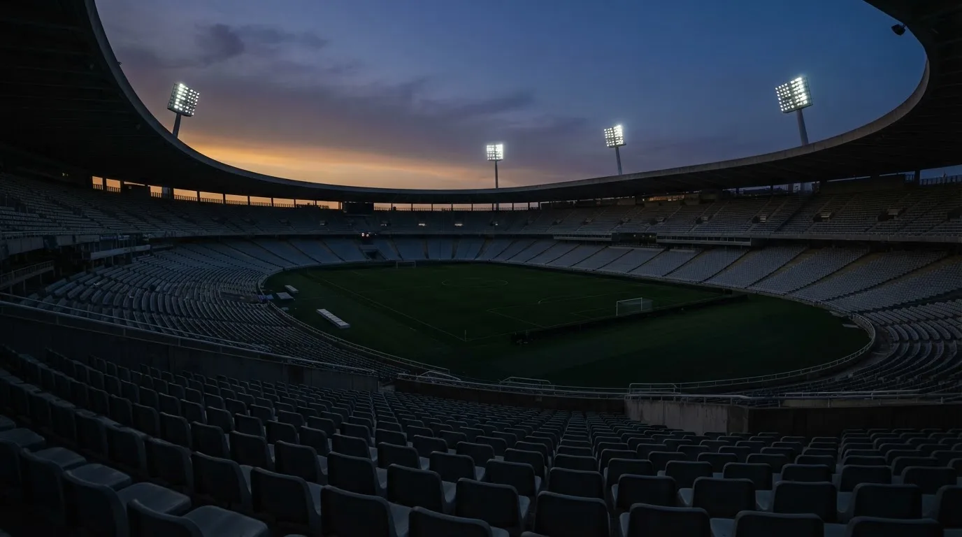 Een leeg voetbalstadion met lichtmasten bij schemering