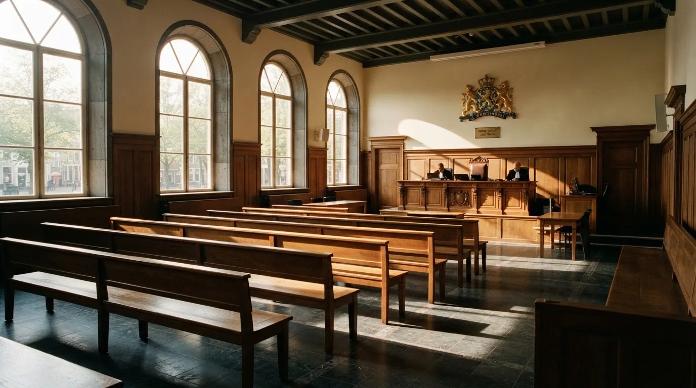 Een lege rechtszaal met houten banken in het ochtendlicht