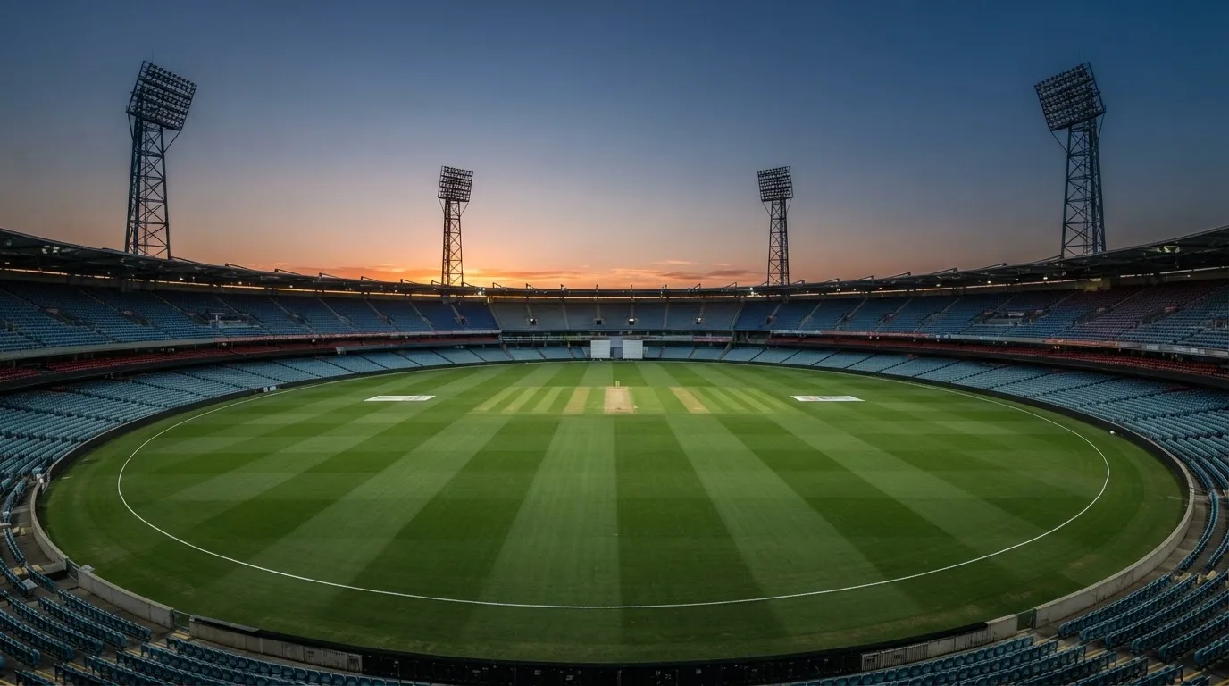 Een leeg voetbalstadion met lichtmasten bij schemering