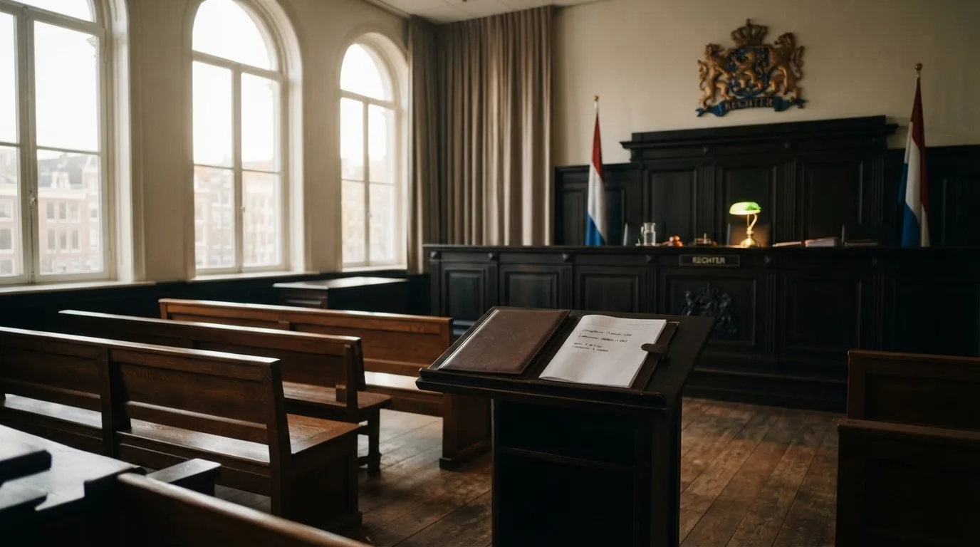 Een lege rechtszaal met houten banken in het ochtendlicht