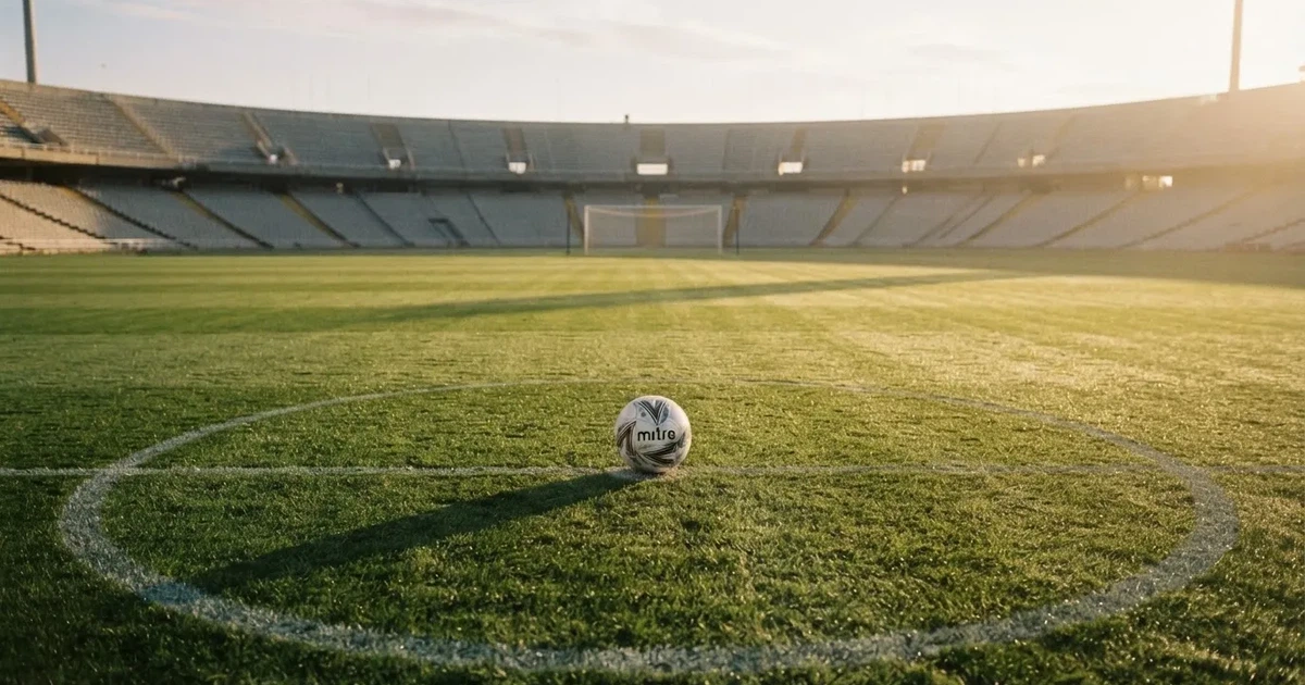 Een voetbal op de middenstip van een grasveld in het ochtendlicht