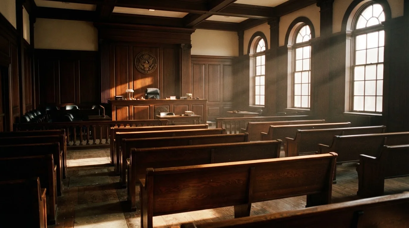 Een lege rechtszaal met houten banken in het ochtendlicht