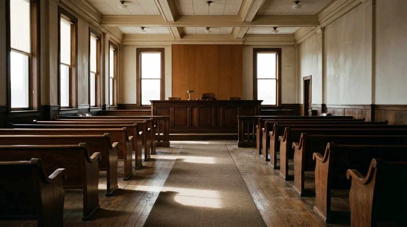 Een lege rechtszaal met houten banken in het ochtendlicht