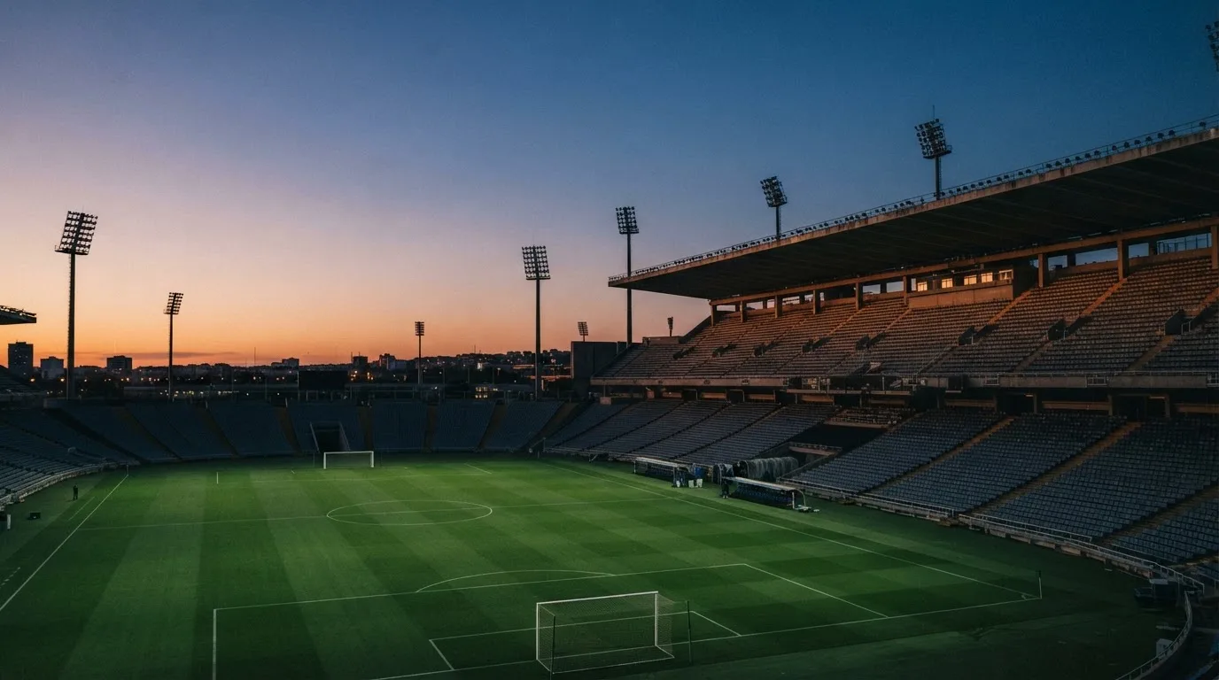 Een leeg voetbalstadion met lichtmasten bij schemering