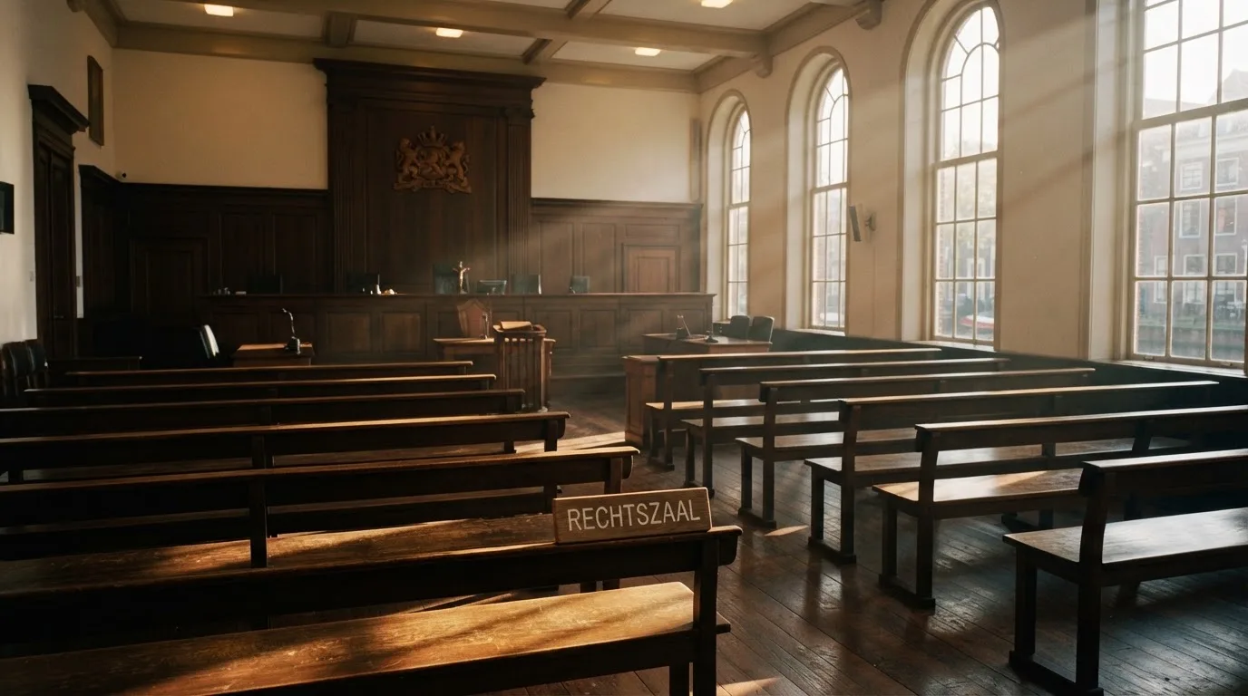 Een lege rechtszaal met houten banken in het ochtendlicht