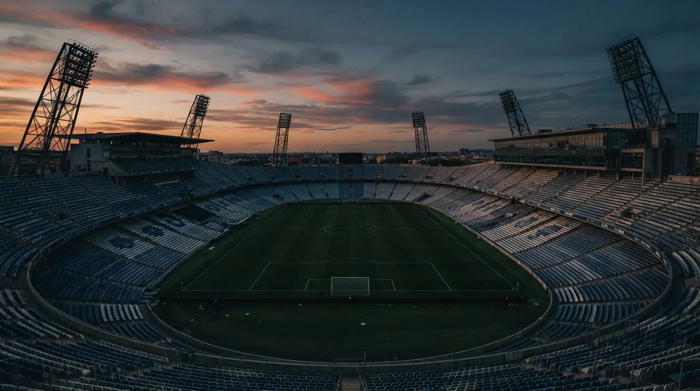 Een leeg voetbalstadion met lichtmasten bij schemering