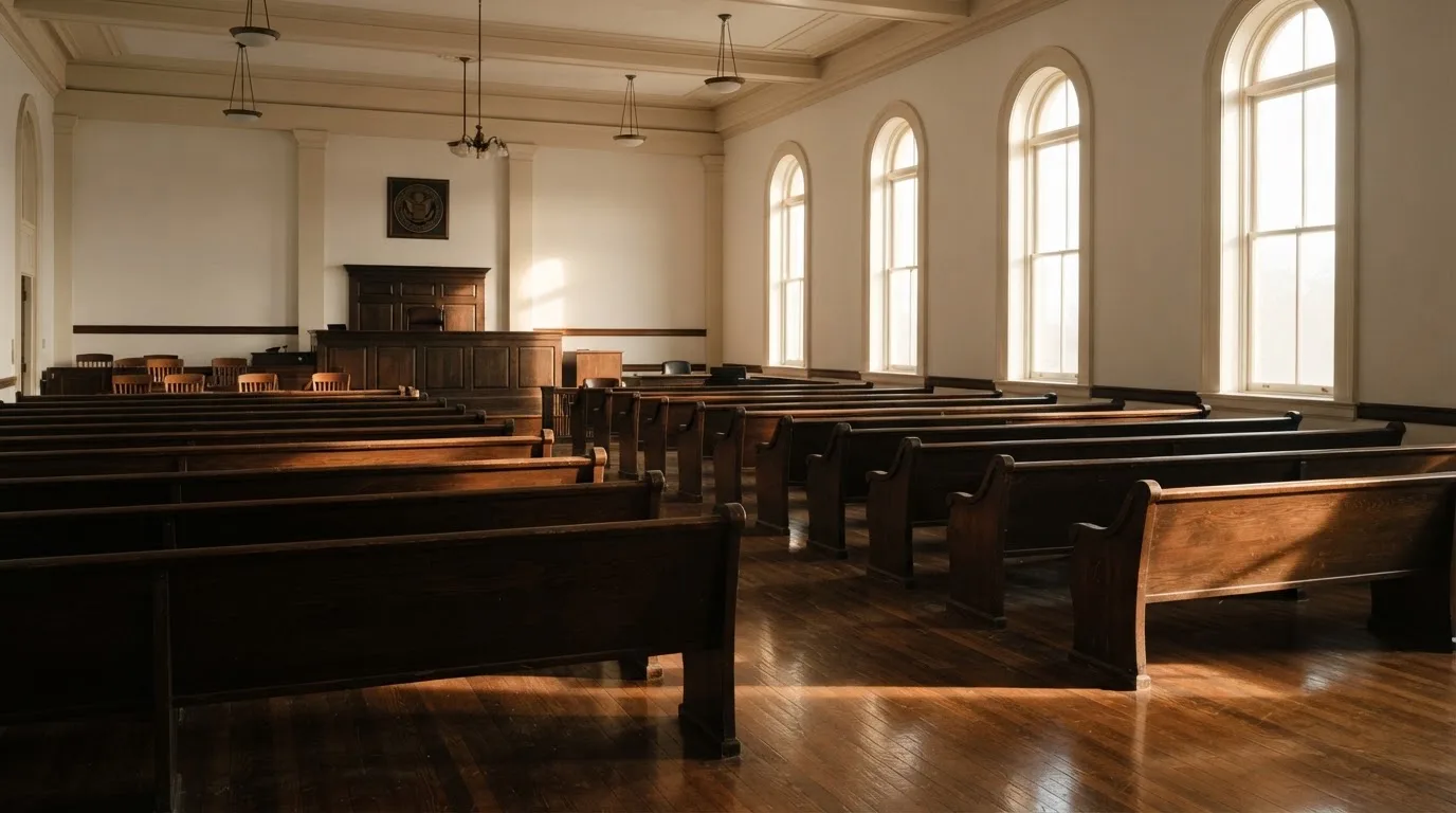 Een lege rechtszaal met houten banken in het ochtendlicht