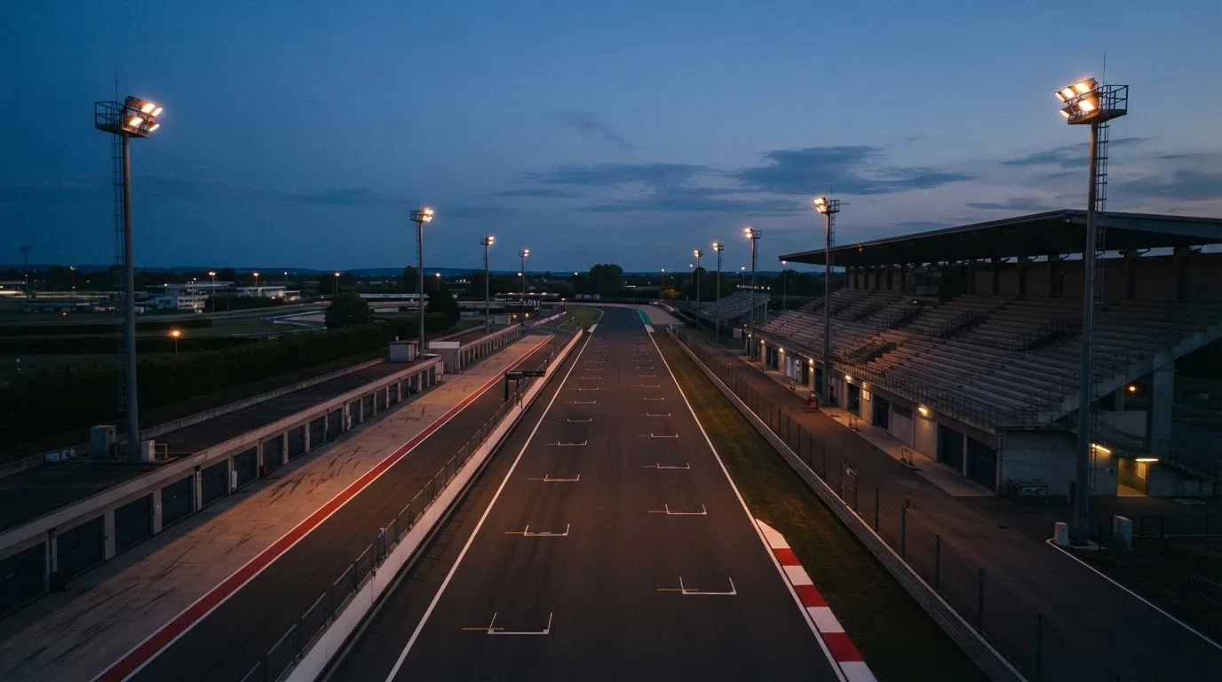 Een leeg voetbalstadion met lichtmasten bij schemering