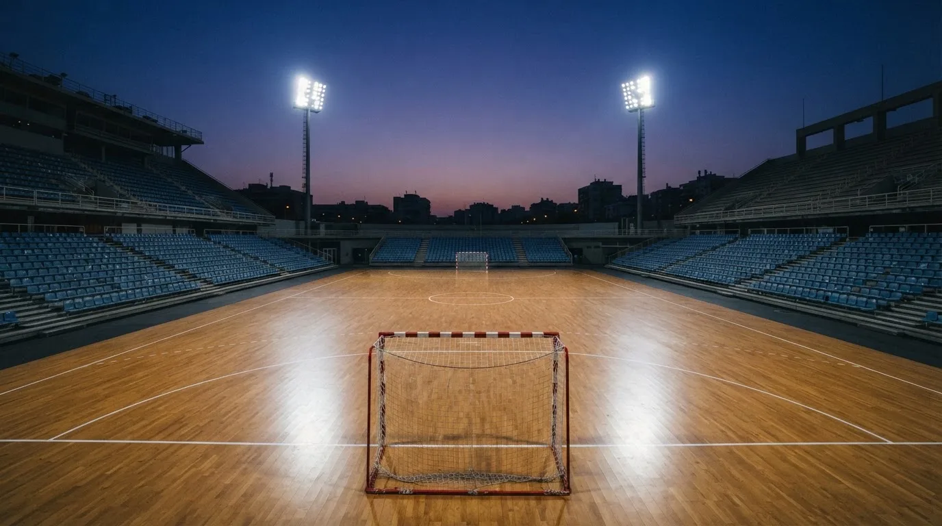 Een leeg voetbalstadion met lichtmasten bij schemering