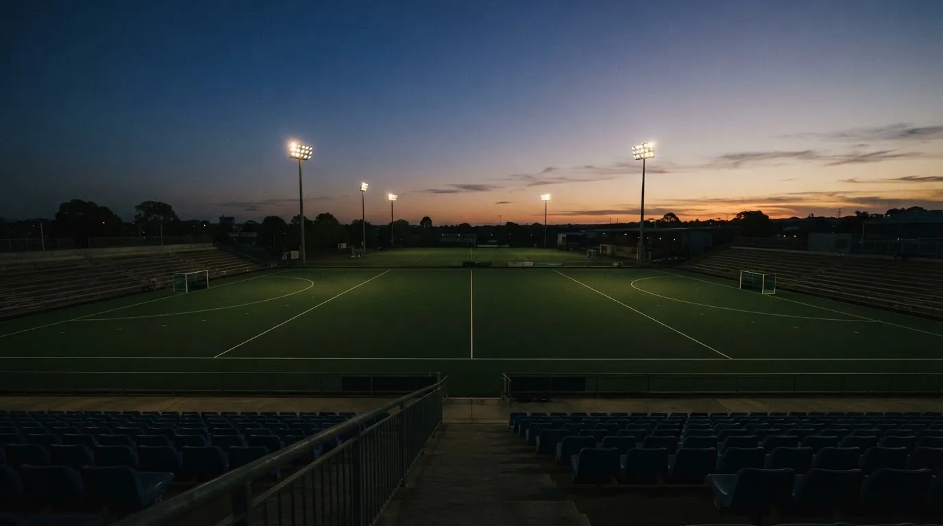 Een leeg voetbalstadion met lichtmasten bij schemering