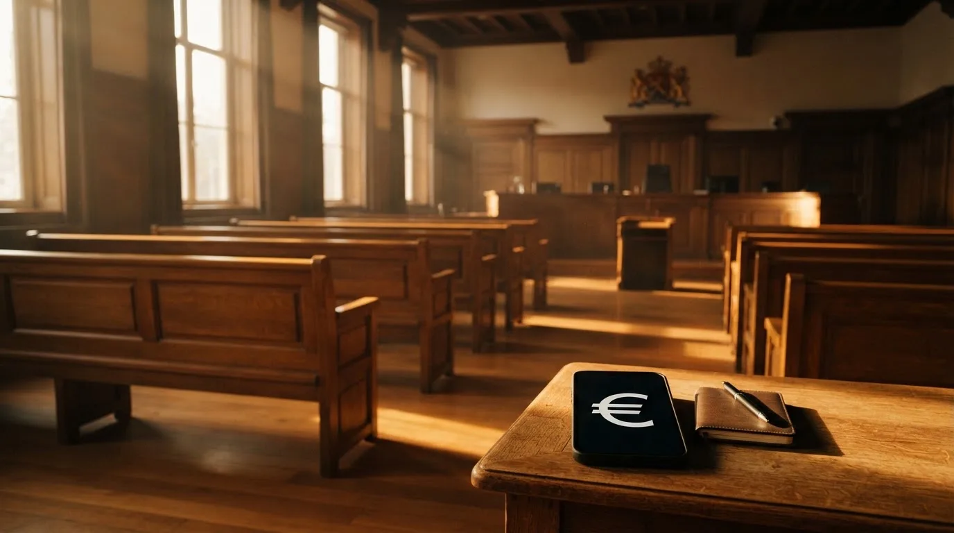 Een lege rechtszaal met houten banken in het ochtendlicht