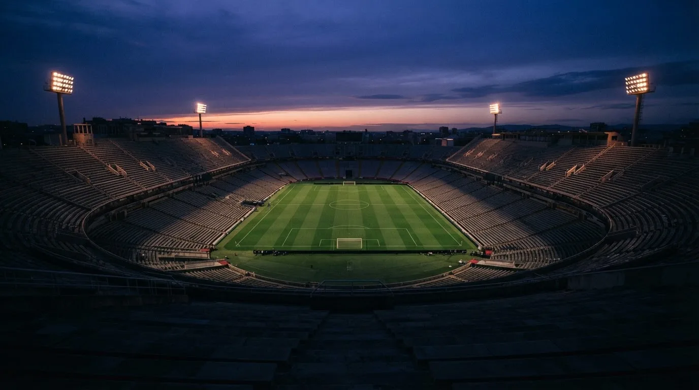 Een leeg voetbalstadion met lichtmasten bij schemering