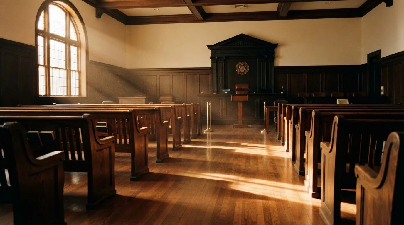 Een lege rechtszaal met houten banken in het ochtendlicht