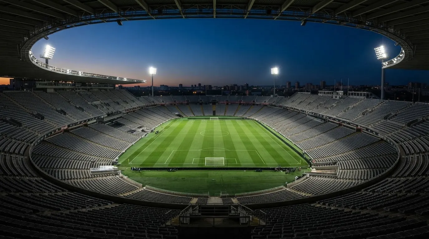 Een leeg voetbalstadion met lichtmasten bij schemering