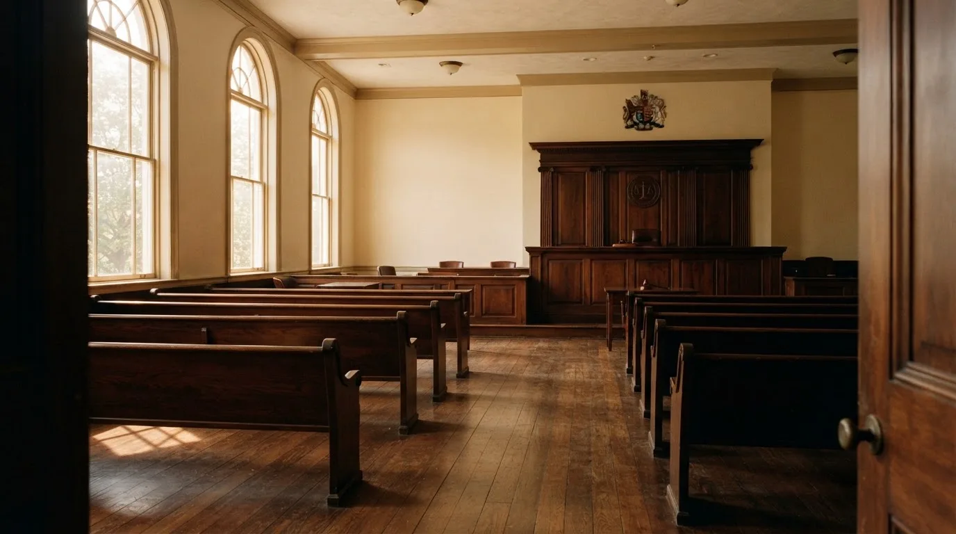 Een lege rechtszaal met houten banken in het ochtendlicht