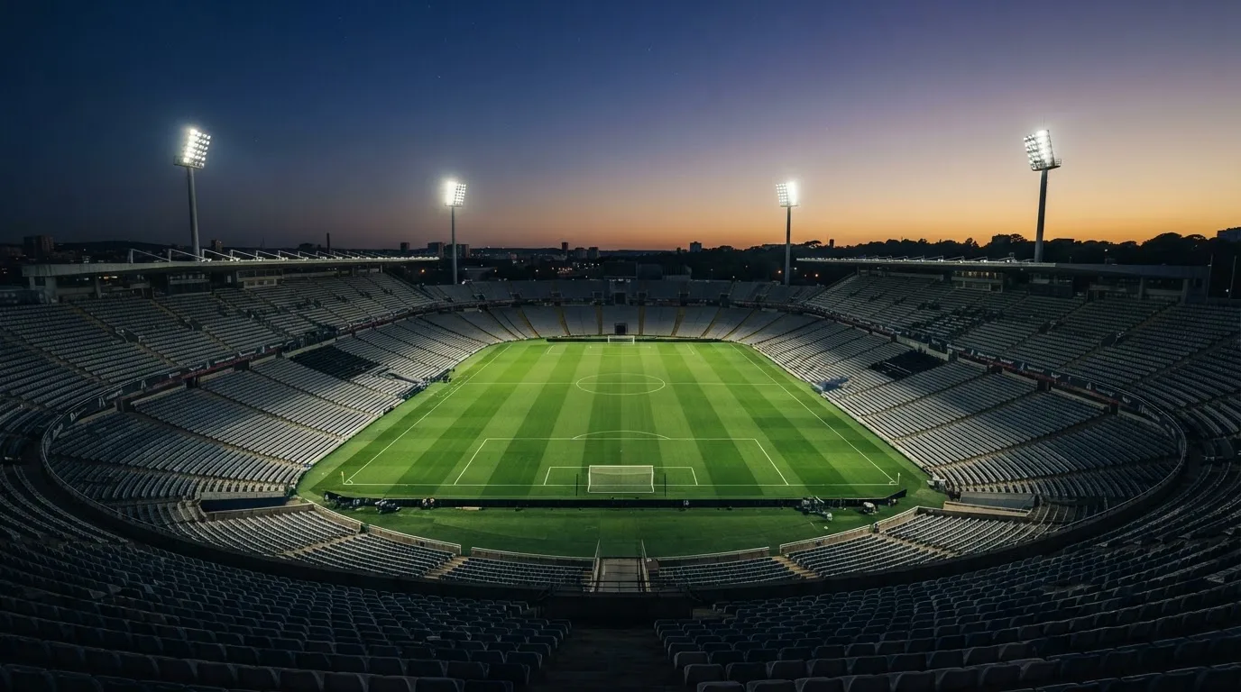Een leeg voetbalstadion met lichtmasten bij schemering