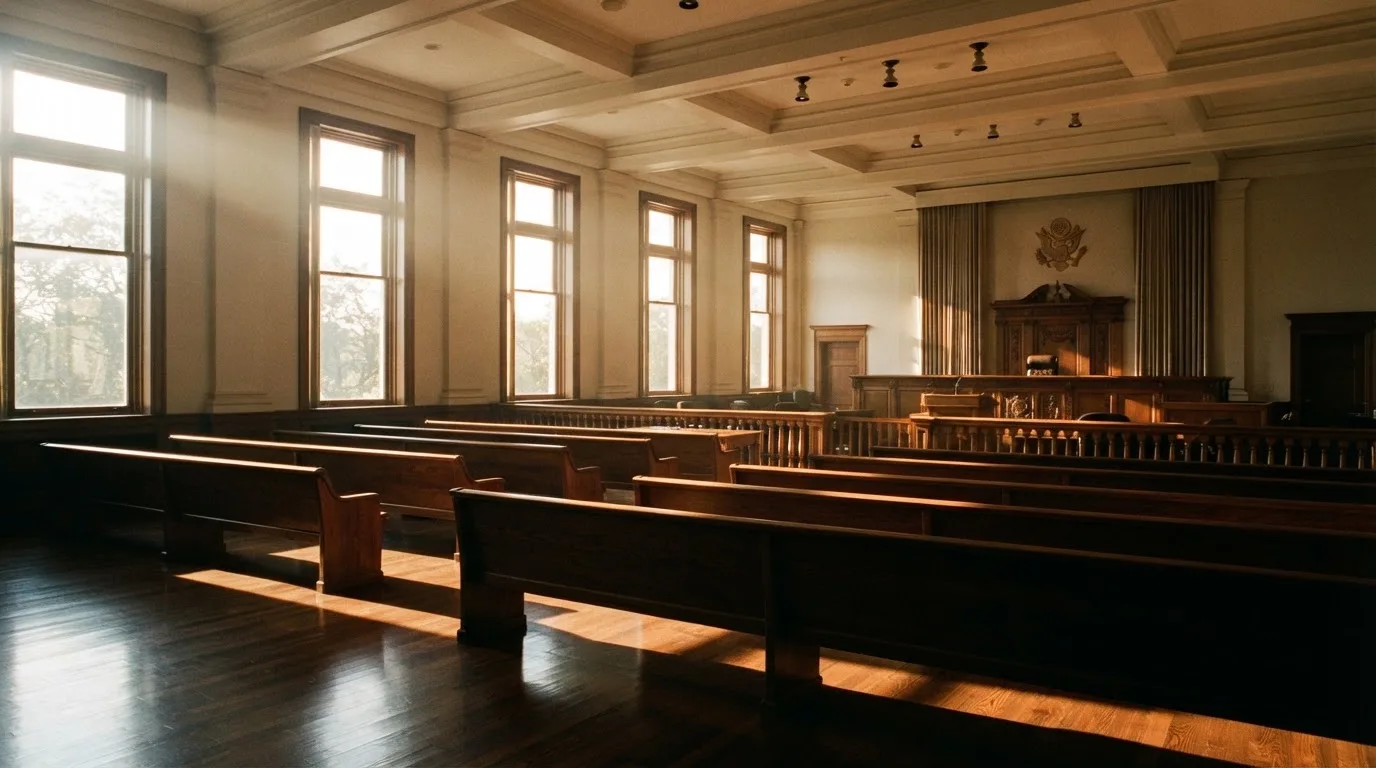 Een lege rechtszaal met houten banken in het ochtendlicht