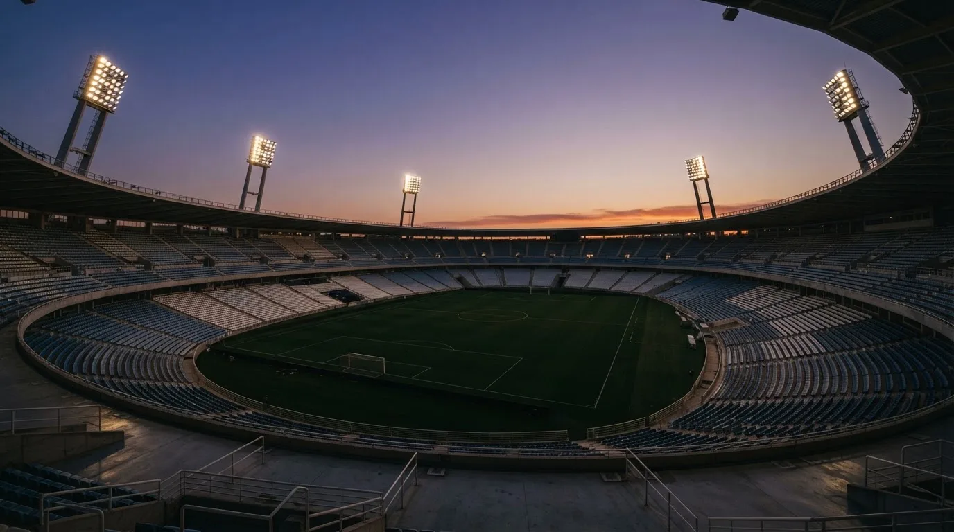 Een leeg voetbalstadion met lichtmasten bij schemering