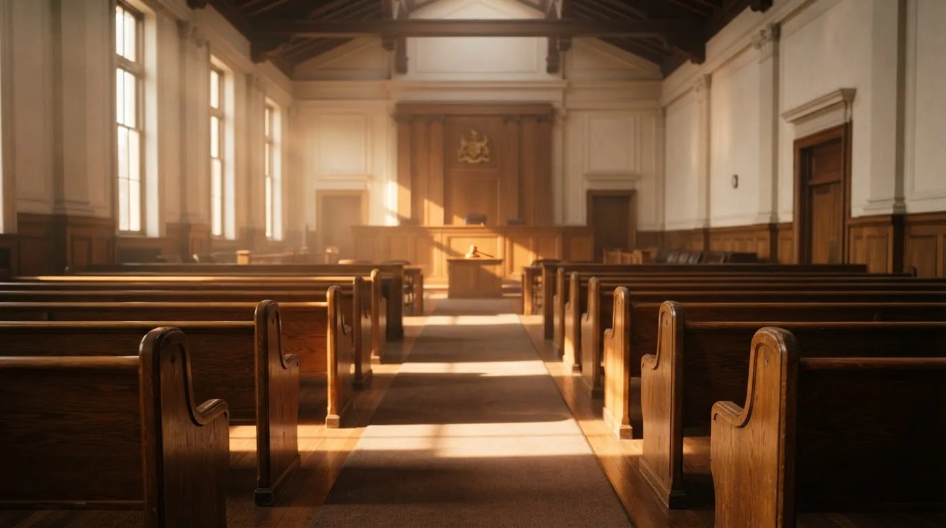 Een lege rechtszaal met houten banken in het ochtendlicht