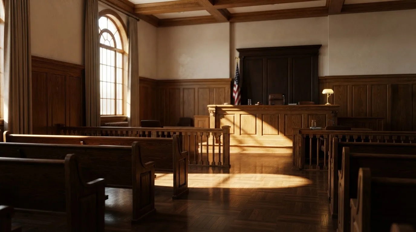 Een lege rechtszaal met houten banken in het ochtendlicht