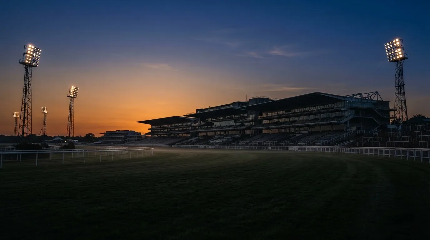 Een leeg voetbalstadion met lichtmasten bij schemering