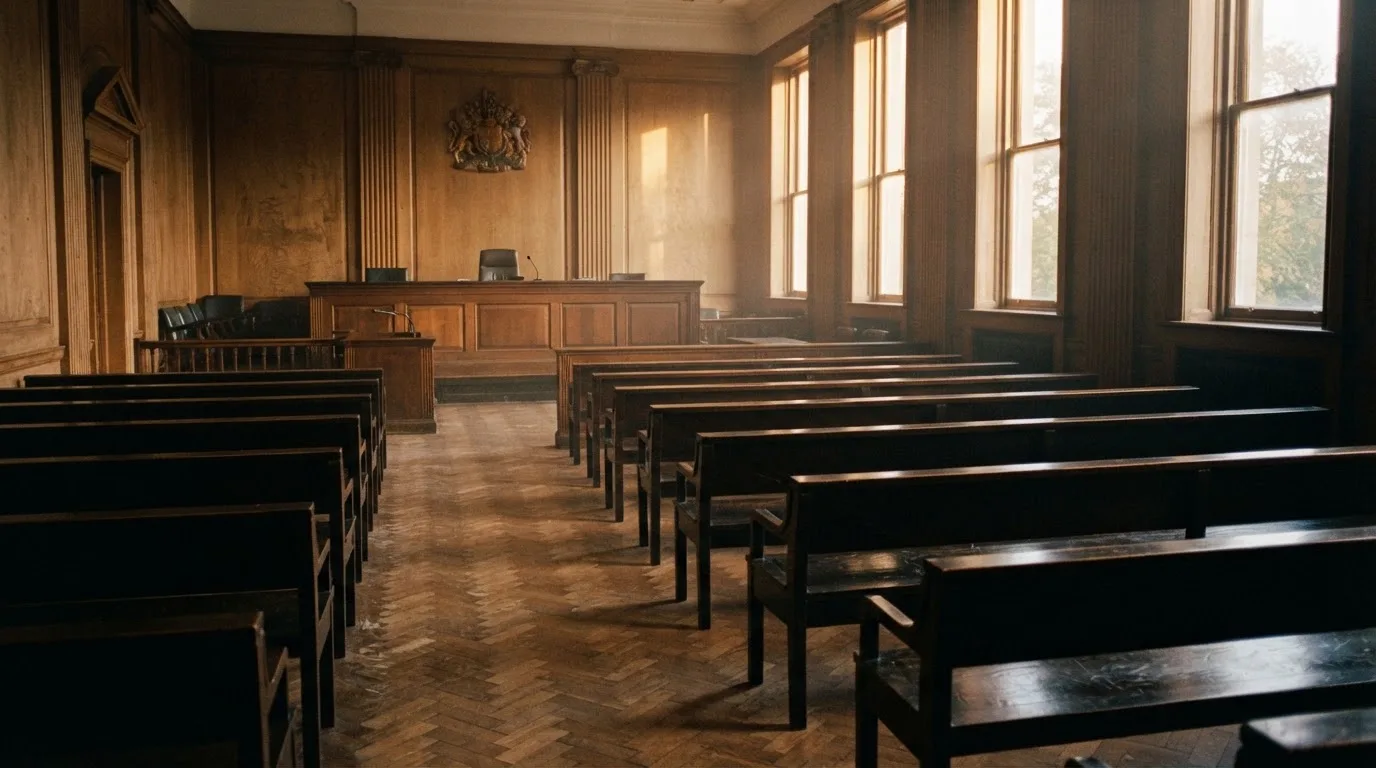 Een lege rechtszaal met houten banken in het ochtendlicht