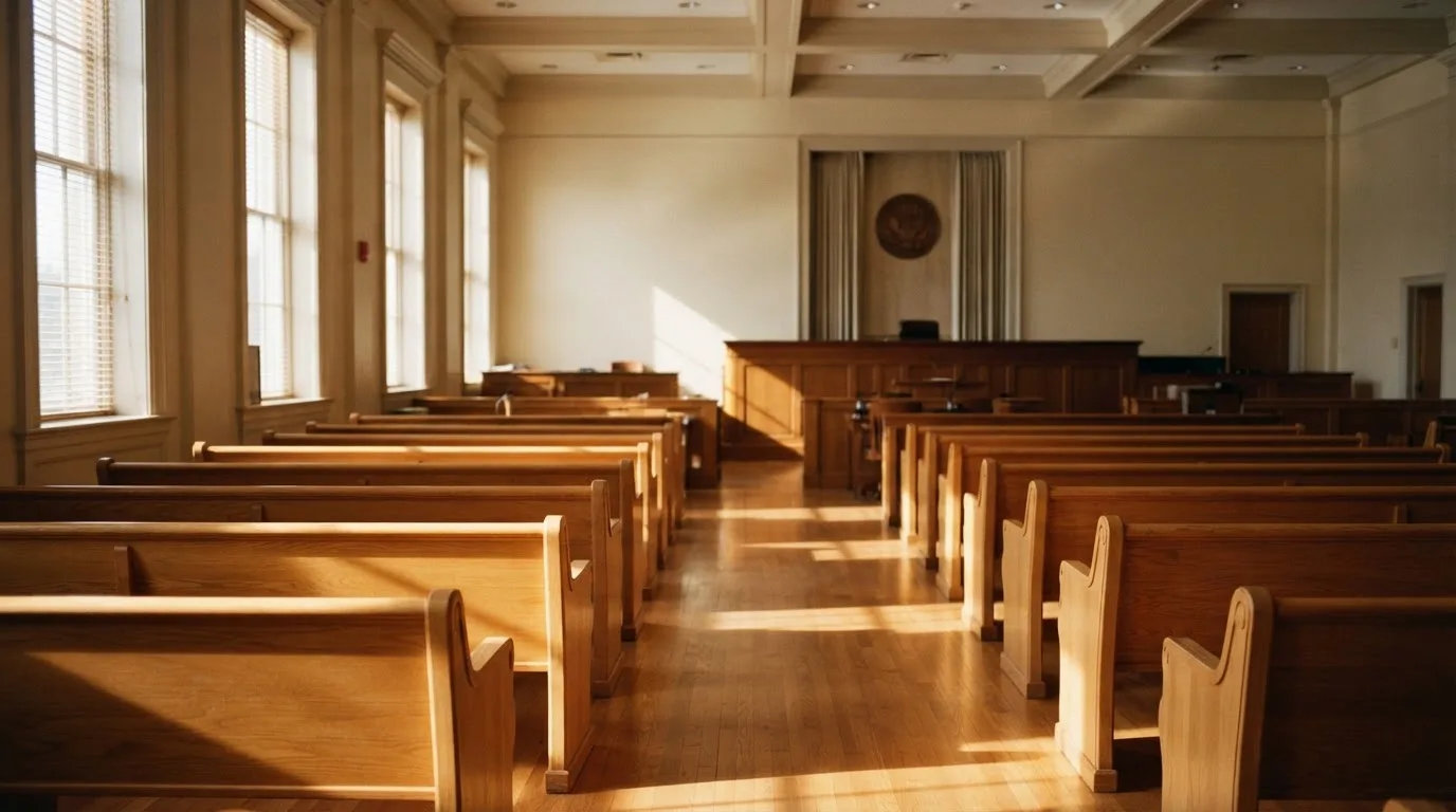 Een lege rechtszaal met houten banken in het ochtendlicht