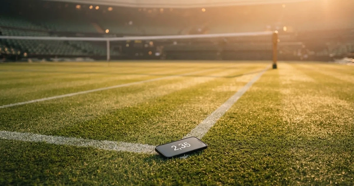 Een voetbal op de middenstip van een grasveld in het ochtendlicht