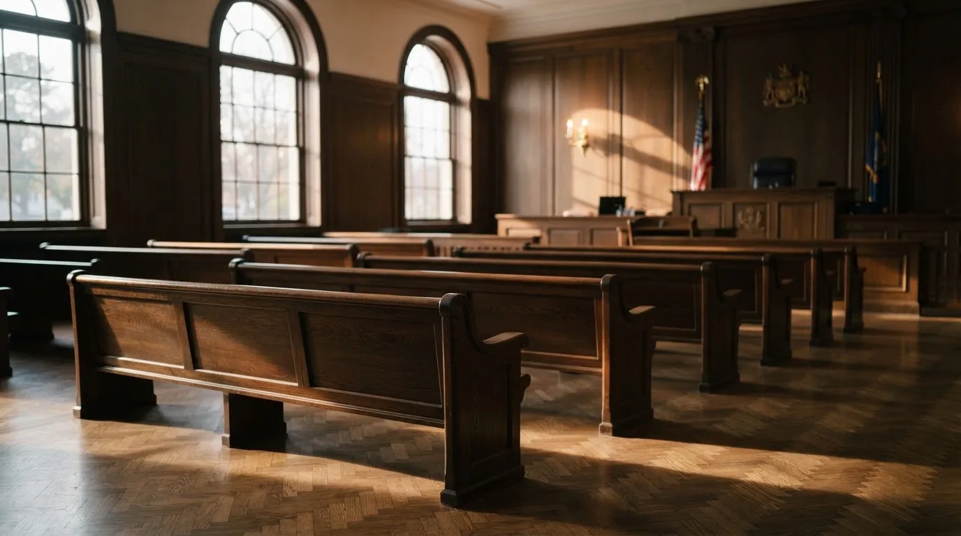 Een lege rechtszaal met houten banken in het ochtendlicht