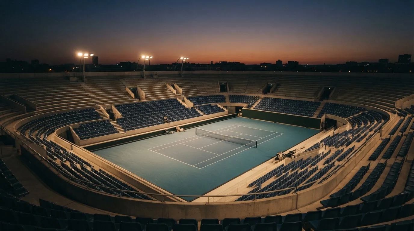 Een leeg voetbalstadion met lichtmasten bij schemering
