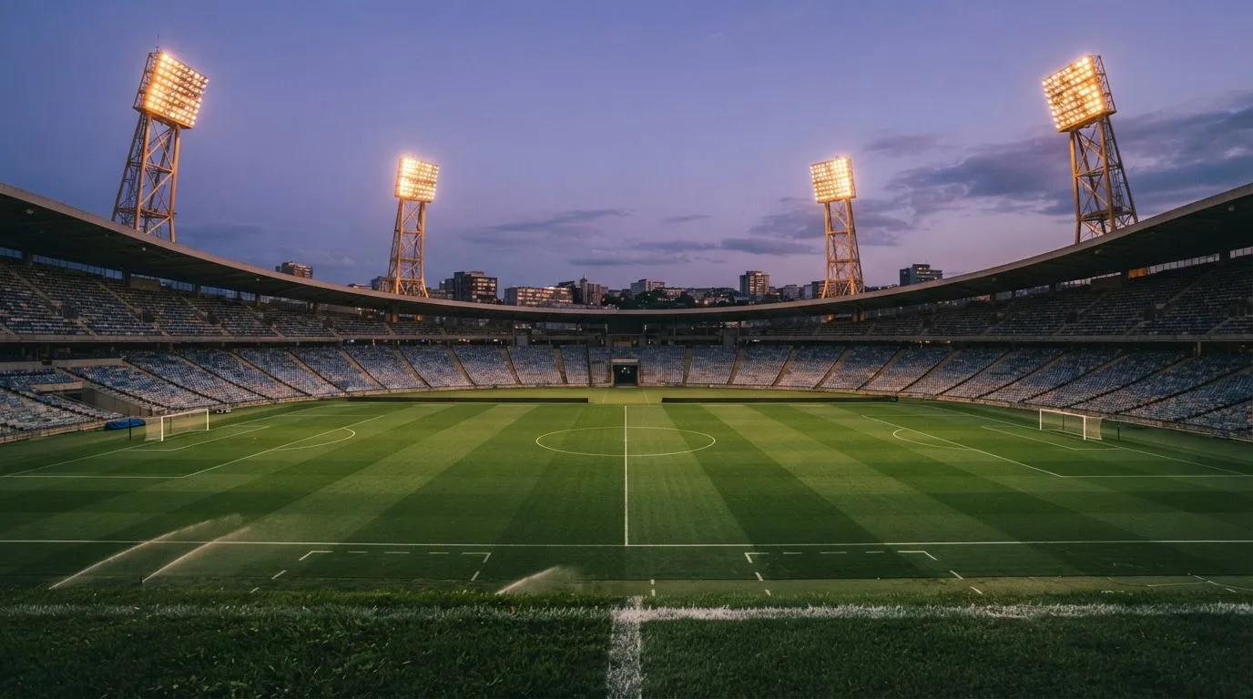 Een leeg voetbalstadion met lichtmasten bij schemering