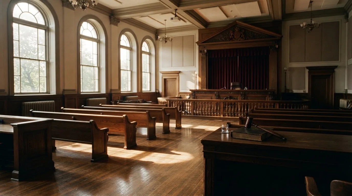 Een lege rechtszaal met houten banken in het ochtendlicht