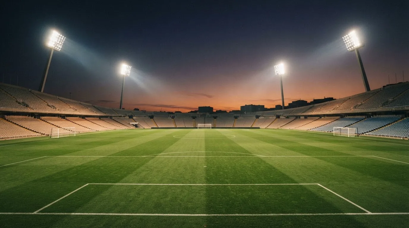 Een leeg voetbalstadion met lichtmasten bij schemering