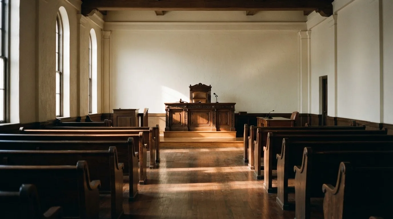 Een lege rechtszaal met houten banken in het ochtendlicht