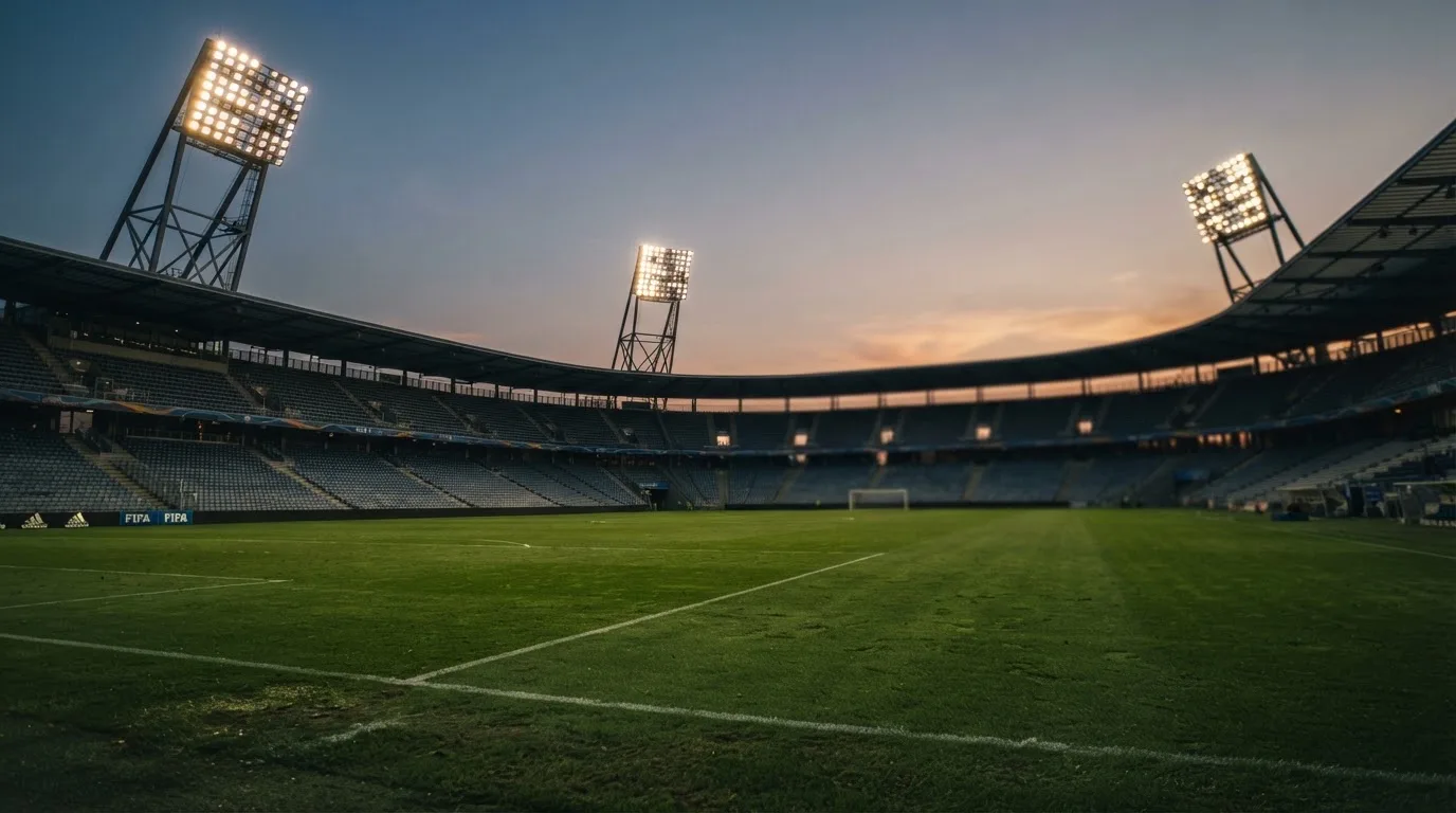 Een leeg voetbalstadion met lichtmasten bij schemering