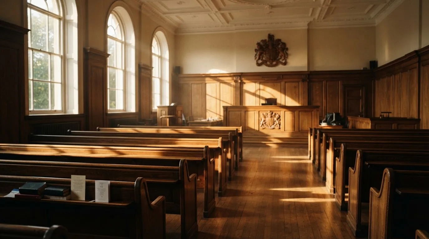 Een lege rechtszaal met houten banken in het ochtendlicht