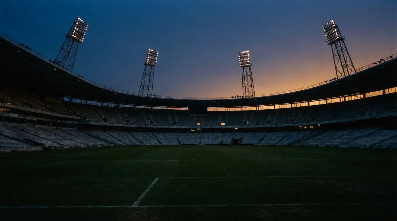 Een leeg voetbalstadion met lichtmasten bij schemering