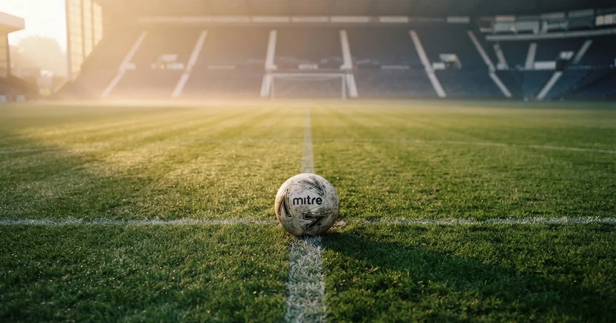 Een voetbal op de middenstip van een grasveld in het ochtendlicht