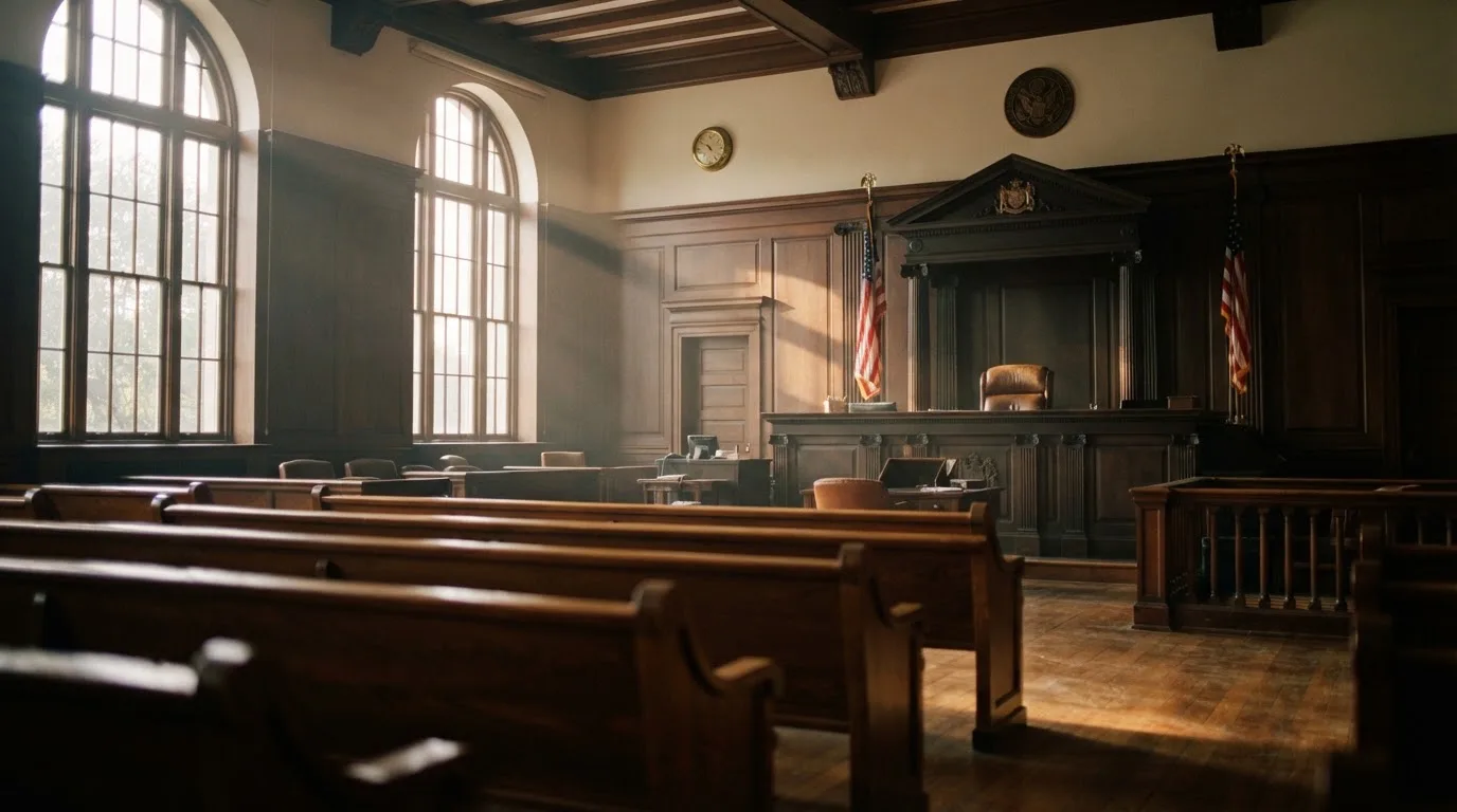 Een lege rechtszaal met houten banken in het ochtendlicht