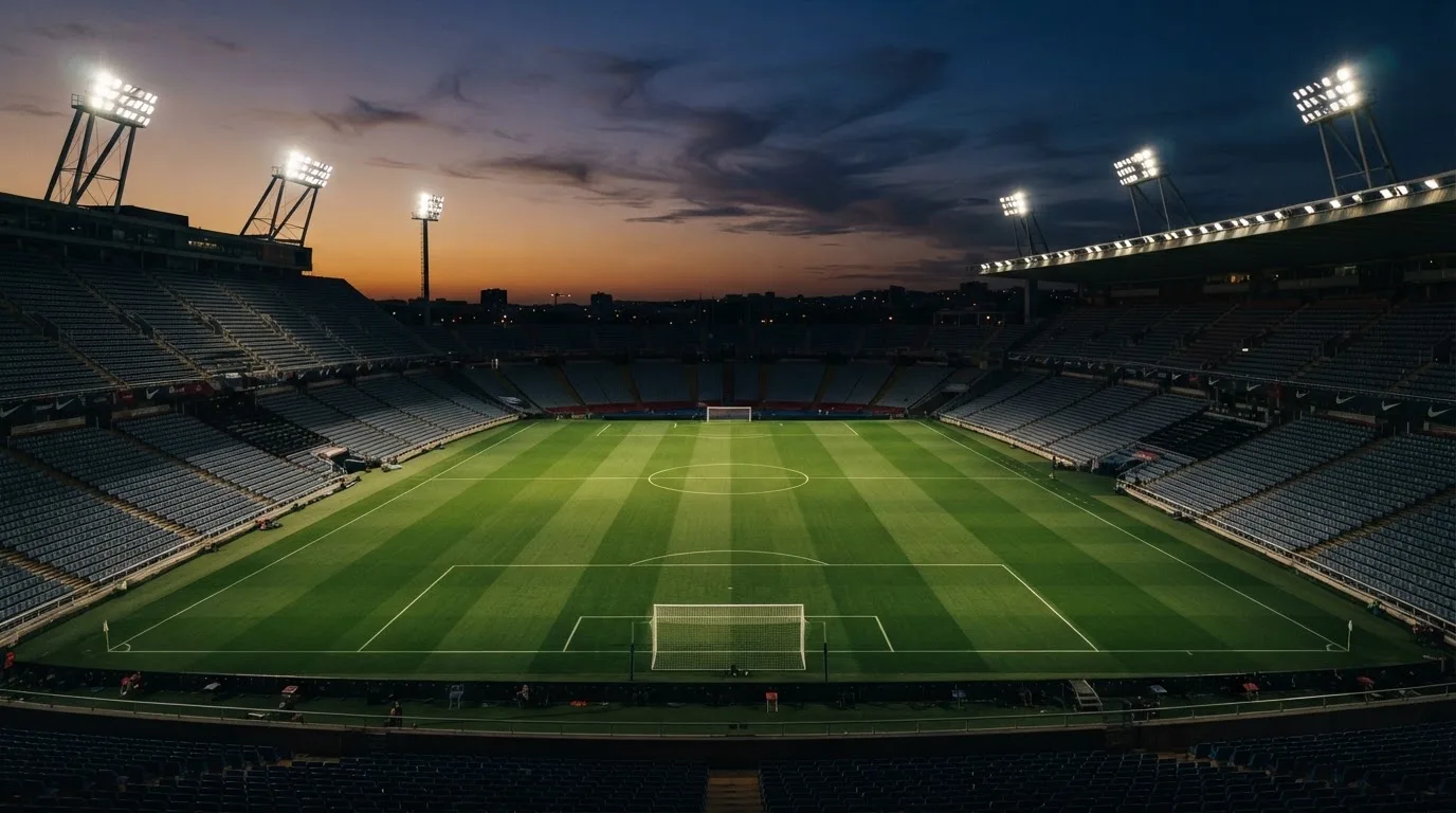 Een leeg voetbalstadion met lichtmasten bij schemering