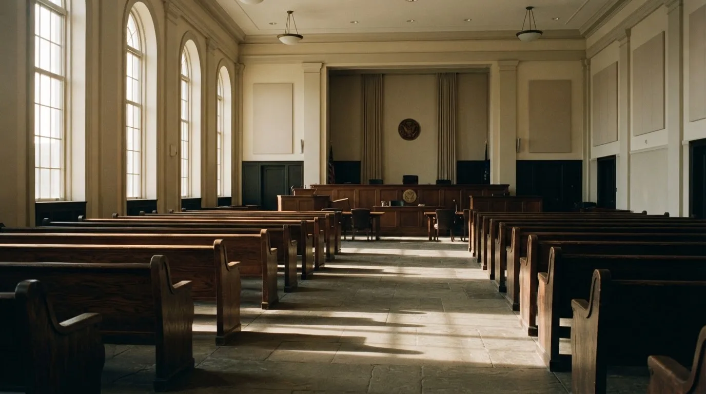 Een lege rechtszaal met houten banken in het ochtendlicht